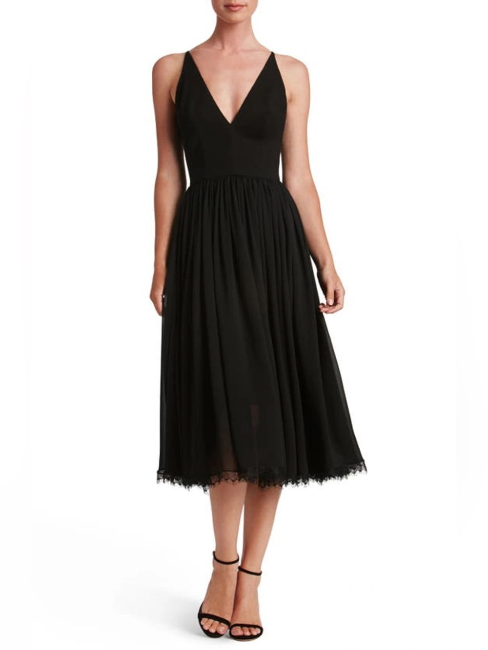 Dress the Population sz M ALICIA MIXED MEDIA MIDI DRESS BLACK v-neck plunge